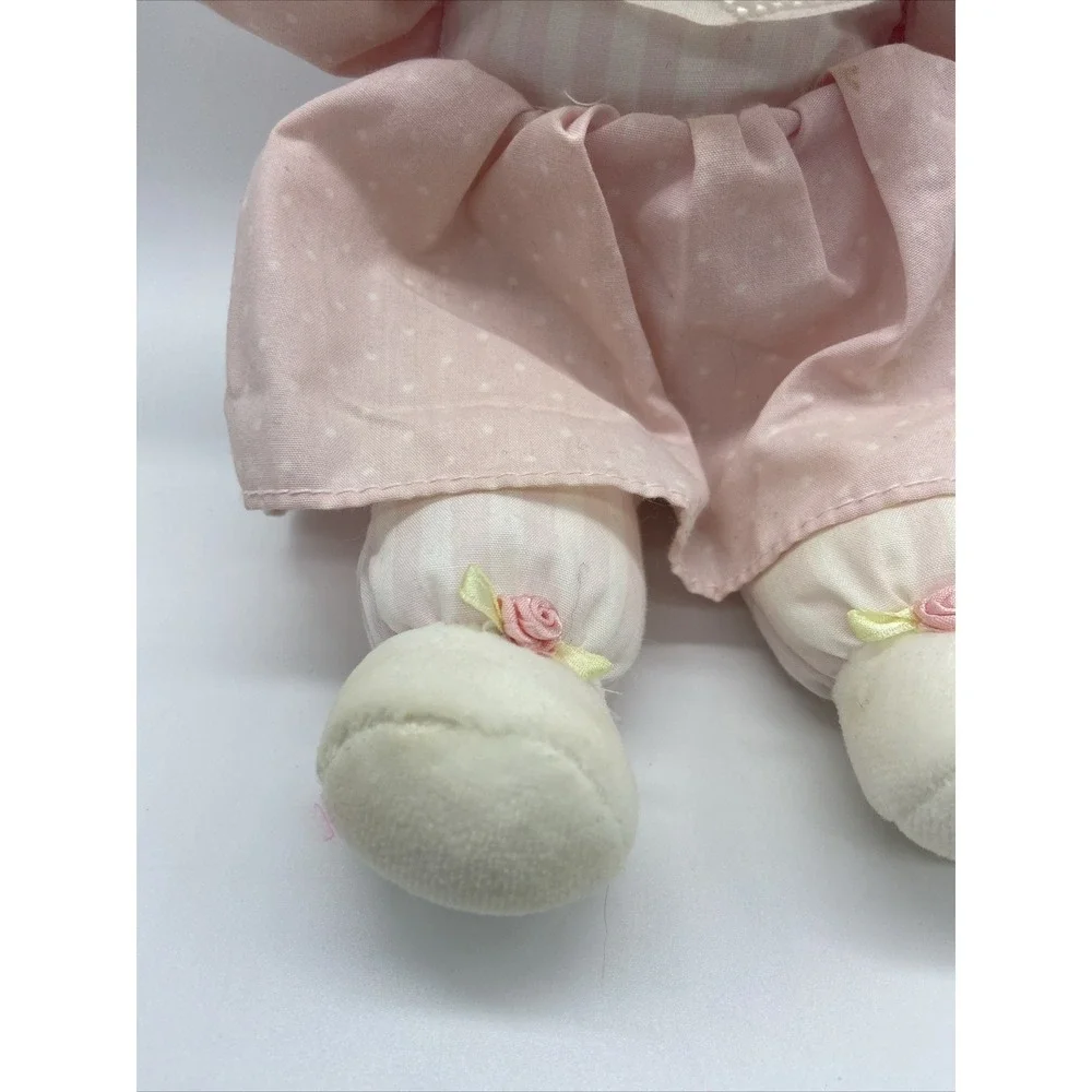 Vintage Eden Plush Rag Doll Yellow Yarn Hair Pink Polka Dot Dress Lace Collar